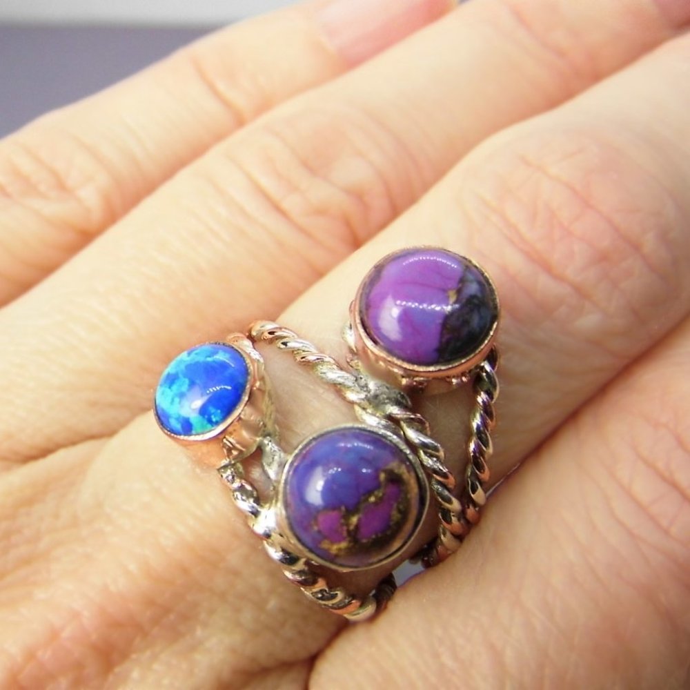 Sterling Silver Charoite & Opal Cabochon Ring size 6 NEW - Picture 2 of 9